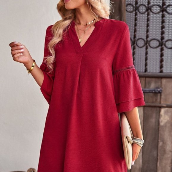 Notched Neck Flare Sleeve Pocket Dress - Picture 2 of 11